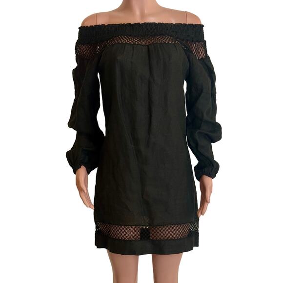 Temptation Positano Mini Dress Sz XS Black Linen Off The Shoulder Crochet Trim - Picture 1 of 14